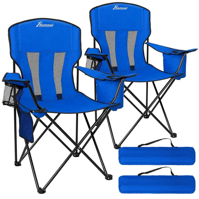 Camping Chairs for Adults 2 Pack, Folding Chair with 4-Can Cooler Bag & Cup Holder, Portable Heavy Duty Outdoor Chair with Mesh Back for Camping, Beach, Lawn, Fishing, Blue