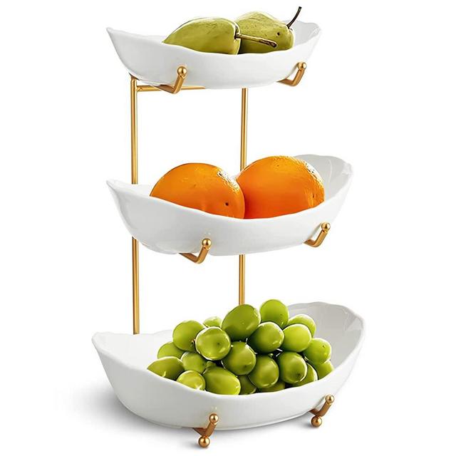 HOMKULA Fruit Bowl for Kitchen Counter - 3 Tier Ceramic Serving Bowls with Metal Stand, Tiered Fruit Basket for Fruit Vegetable Storage, Snack, Nuts, Cake, Dessert (Gold)