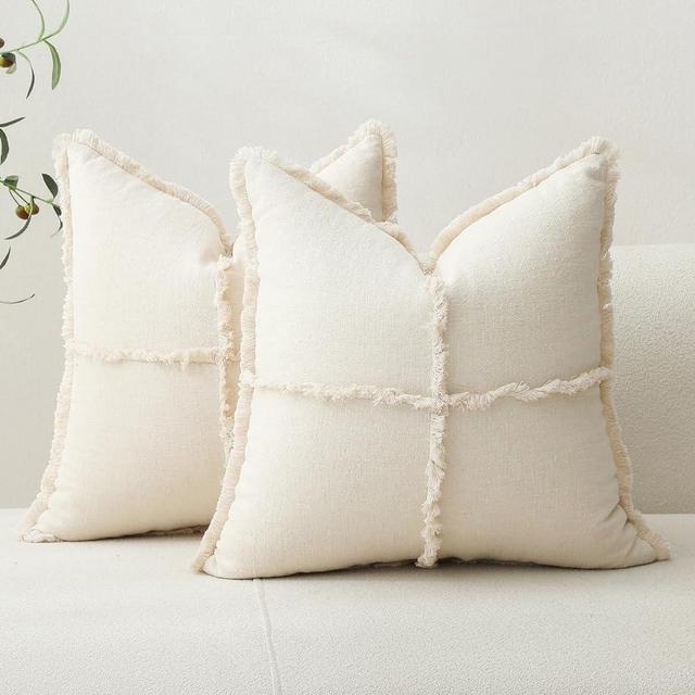Hckot Set of 2 Decorative Linen Fringed Throw Pillow Covers Cozy Boho Farmhouse Cushion Cover with Tassels Soft Accent Neutral Beige Pillowcase for Couch Chair Sofa Bed Home Decor,Beige