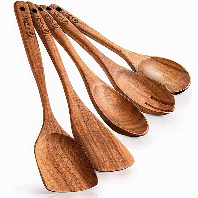 Wooden Spoons by Forward Planet- Great Quality & Natural Wooden Spoons for Cooking- Non Scratch & Eco Friendly Wooden Cooking Utensils- Set of 5