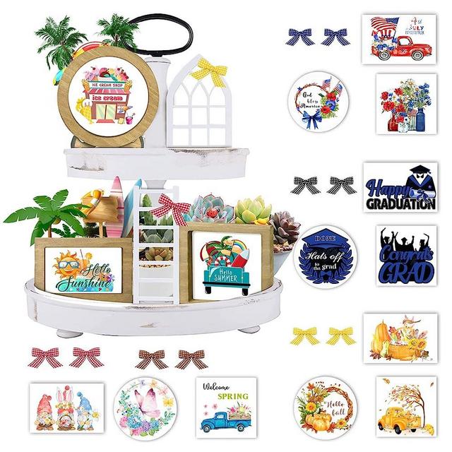 Farmhouse Tiered Tray Decor Set, Interchangeable Seasonal Decor Set with Wooden Frames, Arch, Ladder and 18 Cards Cards Including 36 Patterns, Seasonal and Holiday Home Decoration