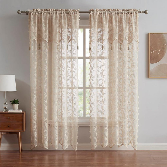 LinenZone Pair of 2 Lace Curtain Panels with Attached Valance and 6 Tassels. Our 63 Inch Curtains Work Great as Living Room or Bedroom Decor. (Mia 54 x 63, Linen)