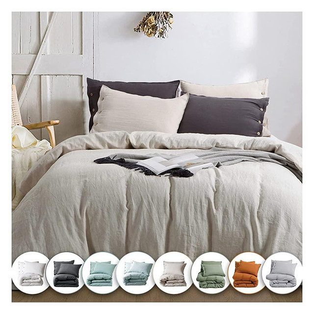 EVERLY Linen Duvet Cover King Size, 100% Stonewashed French Linen Duvet Cover Set, 3 Pieces (1 Duvet Cover & 2 Pillowcases) Flax Comforter Cover Set with Coconut Button Closure, Linen