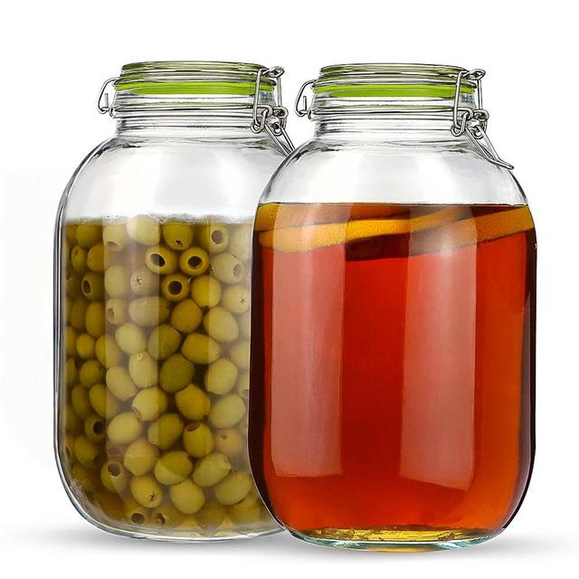 Glass Jars with Airtight Lids, Qianfenie 2 Pack - 1 Gallon Wide Mouth Mason Jars with Hinged Lids for Fermenting, Canning, Preserving - Storage Jar with 2 Replacement Silicone Gaskets