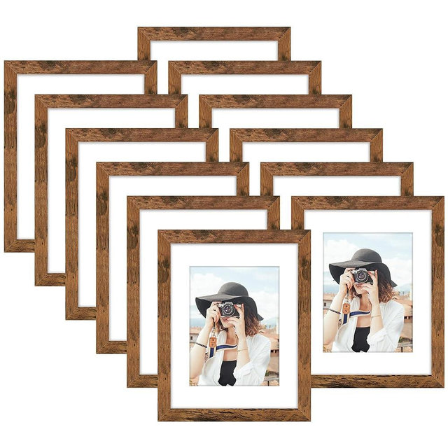 Picrit 8.5x11 Picture Frame Set of 12, Display 6x8 with Mat or 8.5 x 11 Without Mat, Photo Frames for Wall Mounting or Table Top Display, Brown.