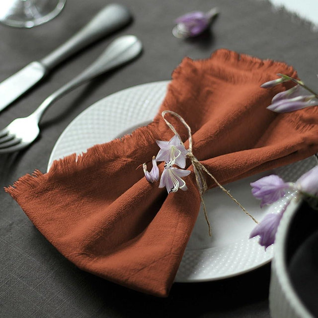 Ayuzawa Handmade Cloth Napkins 100% Cotton Napkins with Fringe，Delicate Handmade Cloth Napkins for Dinners, Parties, Weddings and More，18 x 18 Inch Set of 12 - Terracotta