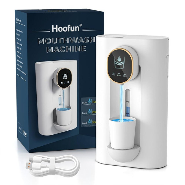 Automatic Mouthwash Dispenser for Bathroom, 18.26 Oz (540ml) Touchless Mouth Wash Container with Magnetic Cups, 3 Dispensing Levels, USB Charging Mouthwash Dispenser, Wall Mounted,No Drilling, White