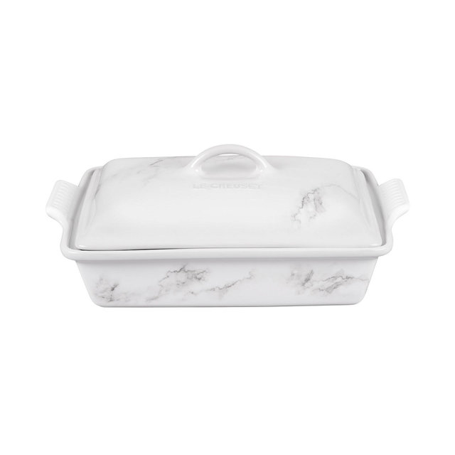 Le Creuset 4 Quart Stoneware Covered Rectangular Casserole with Marble Applique
