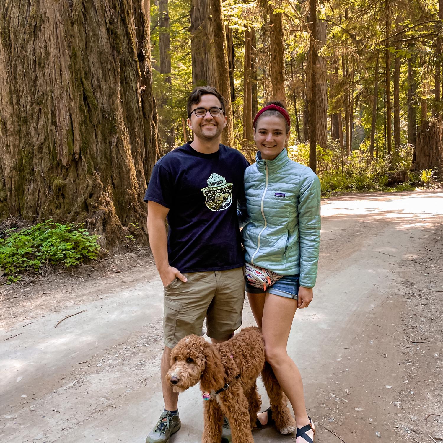 California Redwoods, engagement trip (Tessa still didn't know the ring was hiding in the jeep), 2021