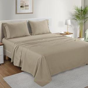 Deep Pocket Queen Sheets set, 100% Cotton Sheets Queen Size set, 300 Thread Count Soft & Durable 4 Piece Sheet & Pillowcase Sets, Sateen Weave Hotel Sheet Fits upto 17", No Pill Machine Wash- Tan