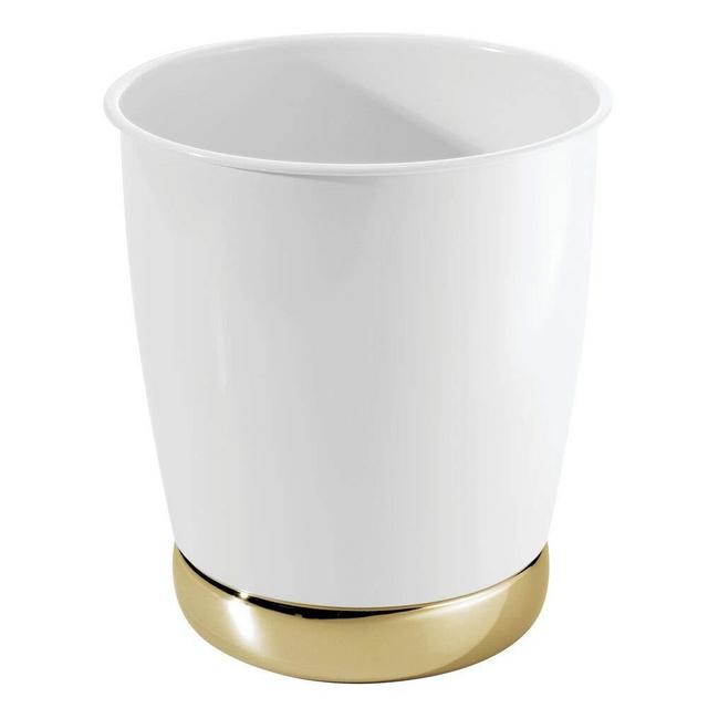 mDesign Round Metal Small Trash Can Wastebasket, Garbage Container Bin for Bathrooms, Powder Rooms, Kitchens, Home Offices - Durable Solid Steel - White/Soft Brass