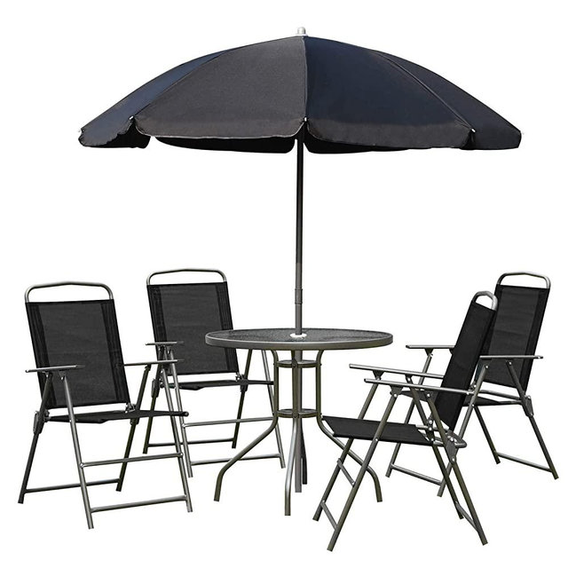 Outsunny 6 Piece Patio Dining Set for 4 with Umbrella, 4 Folding Dining Chairs & Round Glass Table for Garden, Backyard and Poolside, Black
