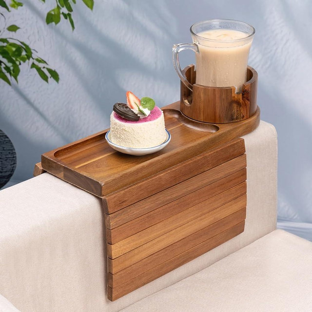 Couch Cup Holder for Armrests Over 4.9" Wide, Acacia Wood Couch Arm Tray with 360° Rotating Cup Holder, 3 in 1 Foldable Sofa Arm Tray Table for Remote, Snacks, Phone, Drinks