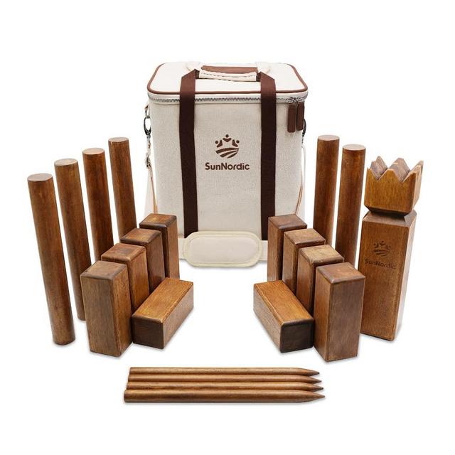 SunNordic Kubb Yard Game Set, Garden Rubber Wood Toss Game, Giant Clash Viking Chess for Kid, Adult’s Outdoor Backyard Lawn Game, Includes 1 x Military Canvas Carry Bag with Handle & Shoulder Strap
