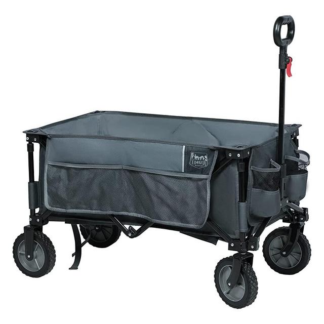 TIMBER RIDGE Collapsible Wagon Cart, Heavy Duty Foldable Garden Cart with Side Pocket and Cup Holders, Folding Utility Wagon for Garden, Sports, Shopping and Camping, Gray