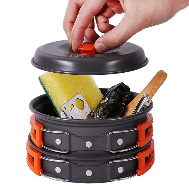 REDCAMP 9/12/18/23 PCS Camping Cookware Mess Kit with Kettle, Aluminum Lightweight Folding Camping Pots and Pans Set for 1/2/3/4 Person