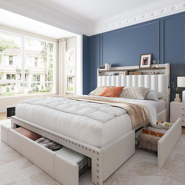 EnHomee Queen Bed Frame with 3 Drawers,Upholstered Queen Size Bed Frame with Storage Headboard and 2-Tier Shelves,1100LBS for Strong Support, No Box Spring Needed,Easy Assembly,No-Noise,Beige