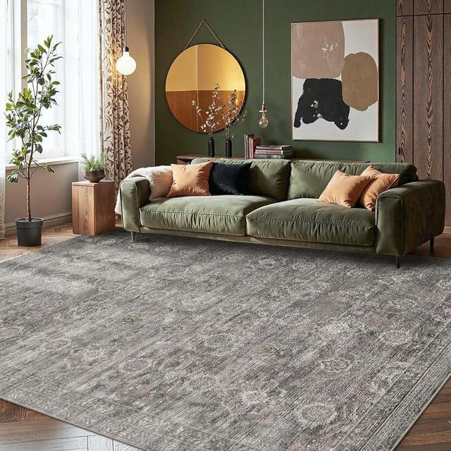 Rugxara 8x10 Area Rugs for Living Room, Large Washable Rug, Grey Vintage Retro Boho, Non Slip & Low Pile Faux Wool Carpet for Indoor Dining Room and Bedroom