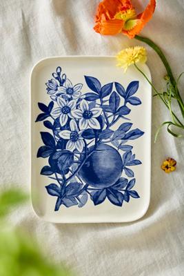 Blue Floral Stoneware Serving Platter, Small