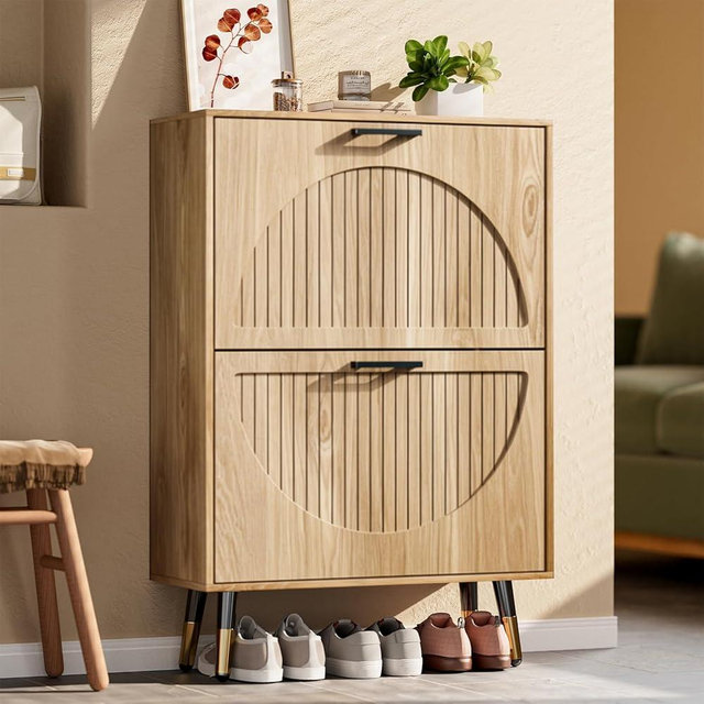 LegacyAmerhome Farmhouse Shoe Cabinet Storage for Entryway, Slim Shoe Rack Cabinet with 2 Flip Drawers, Narrow Shoe Organizer Cabinet with Stylish Round Panel, Metal Leg and Handle