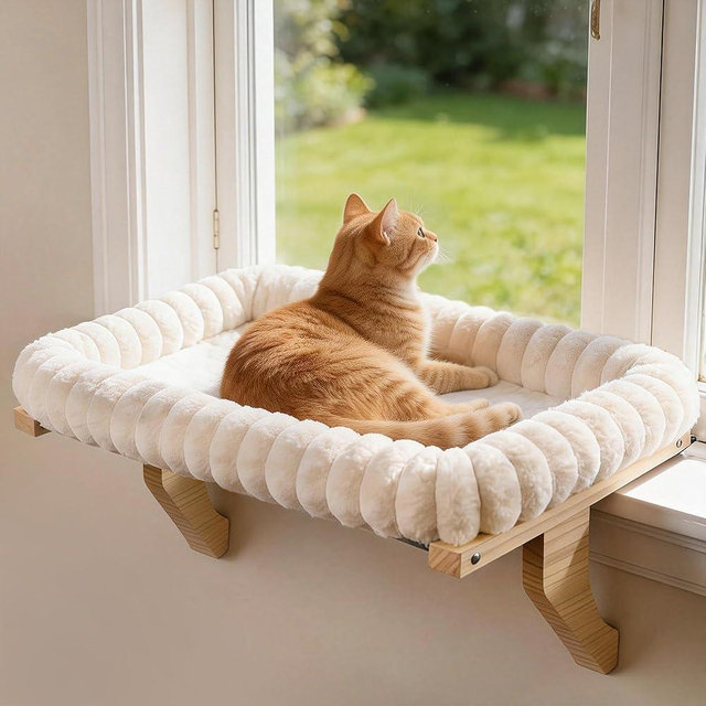 Zoratoo Cloud-Cuddle Cat Perch for Window Sill with Bolster, Natural Wood & Metal Frame Cat Window Seat for Large Cats, Easy to Adjust Zipper Cushion Pet Bed for Windowsill (Large)