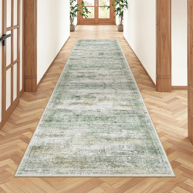 Restydon Rug Runners for Hallways Non Slip - 2x8 Runner Rug for Bedroom, Washable Runner with Rubber Backing, Soft Low-Pile Carpet for Kitchen, Laundry, Bathroom (2'x8', Green/Yellow/Ivory)