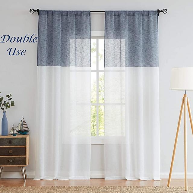 Central Park Navy and White Stripe Sheer Color Block Window Curtain Panel Linen Drape Treatment for Bedroom Living Room Farmhouse 84 inches Long with Rod Pocket,2 Panel Rustic Living Panels, Grey