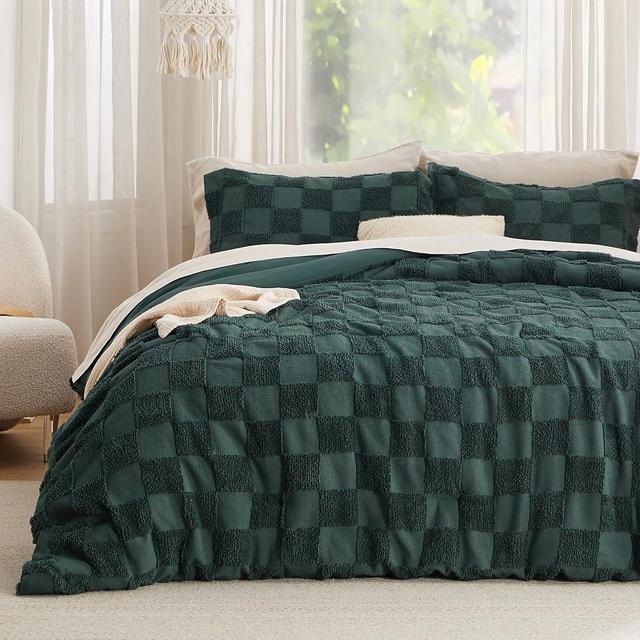 Bedsure King Size Comforter Set Emerald, Boho Tufted Bedding Comforter Set, Checkered Farmhouse Shabby Chic Bed Set, 3 Pieces, 1 Plaid Geometric Comforter and 2 Pillow Shams