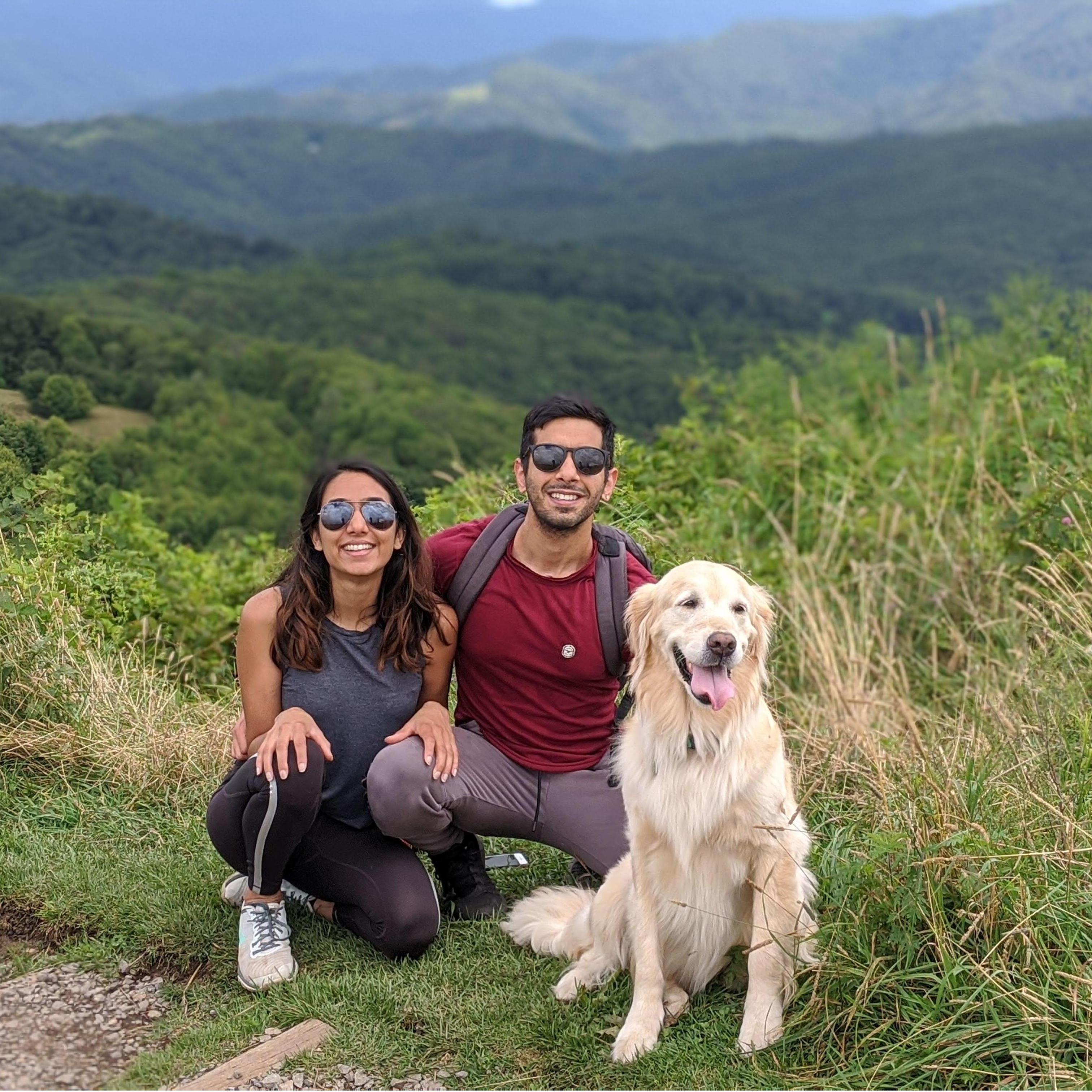 Nidhi, Madhav and Molly hiking along the North Carolina-Tennessee Border. August 2020.