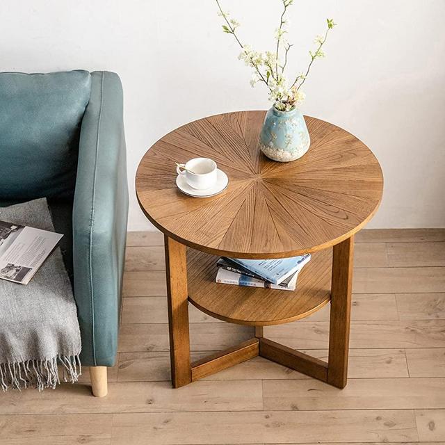 Natural Wood Round End Table, Wooden Side Table with Storage Shelf, Solid Wood Bedside Table in Bedroom, Oak Table Legs, 25'' x 25'' x 24'', Natural Wood Surface.