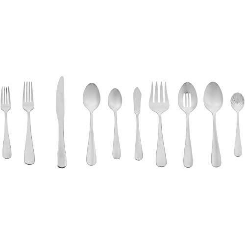 AmazonBasics 65-Piece Stainless Steel Flatware Silverware Set with Round Edge, Service for 12