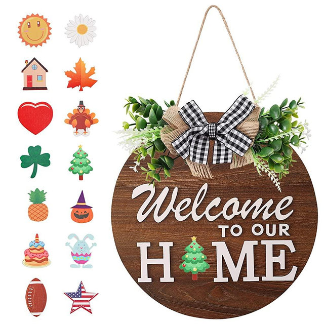 Interchangeable Welcome Sign Front Door Decoration, Seasonal Rustic Round Wood Wreath for front door outside, Farmhouse Front Door Sign Front Porch Décor,Welcome Wreath Home Décor Christmas Door Décor