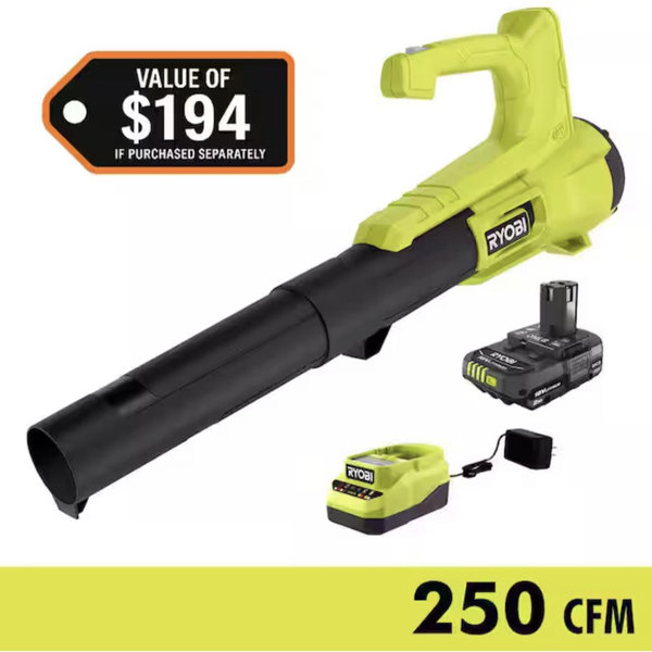 RYOBI ONE+ 18V 90 MPH 250 CFM Cordless Battery Leaf Blower/Sweeper with 2.0 Ah Battery and Charger P21011K