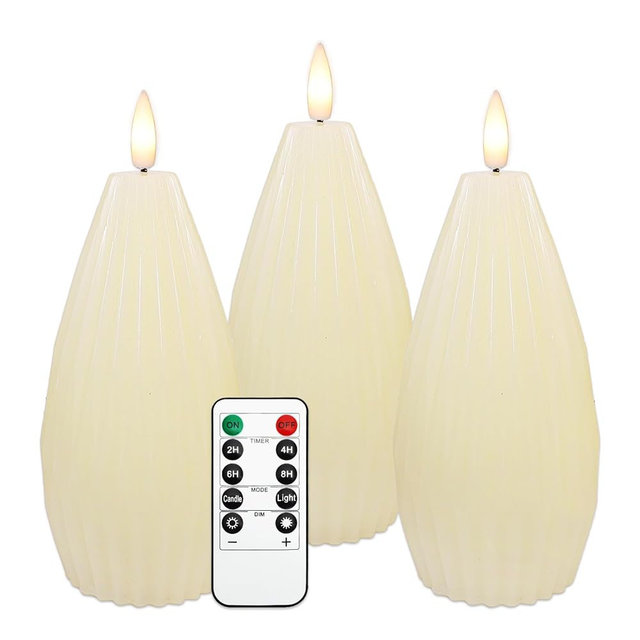 Ivory White Ribbed Flameless Candles Battery Operated with Remote Geometric Aesthetic Stripe Flickering Realistic LED Real Wax Candle Vintage Home Decor for Christmas Table Fireplace Mantel, 3 Pack