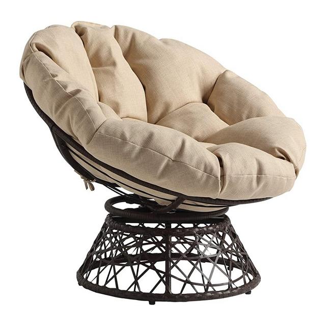 OSP Home Furnishings Wicker Papasan Chair with 360-Degree Swivel, Brown Frame with Cream Cushion