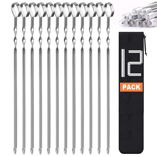 Kabob Skewers Flat Metal BBQ Barbecue Skewer 14" Long Stainless Steel Shish Kebob Sticks Wide Reusable Grilling Skewers Set for Meat Shrimp Chicken Vegetable, 12 Pack
