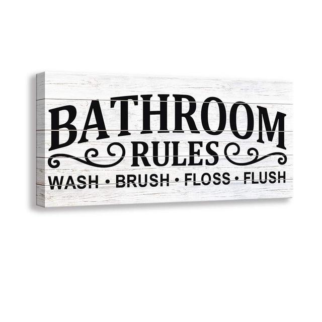 Kas Home Vintage Bath Canvas Wall Art Decor | Rustic Bathroom Rules Prints Signs Framed | Bathroom Laundry Room Decor (6 X 12 inch, Bathroom Rules - 02)