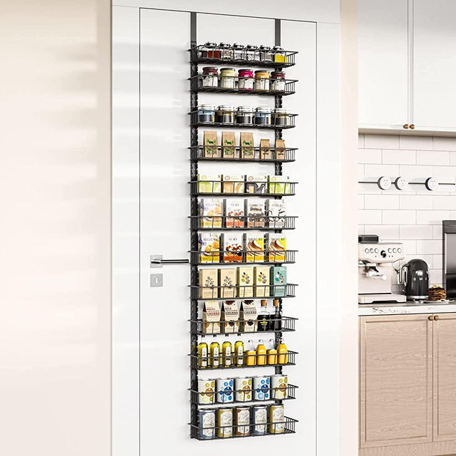 Churboro Over the Door Pantry Organizer Rack with 12 Adjustable Baskets, 12 Tiers Dual-use Spice Rack- Hanging or Wall Mount Spice Rack, Pantry Door Organizer, Black