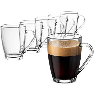 Bormioli Rocco Glass Coffee Mug Set - (6 Pack) 10 ¾ Ounce with Convenient Handle, Tea Glasses for Hot and Cold Beverages, Thermal Shock Resistant, Tempered Glass, Mugs for Cappuccino, Latte, Espresso.