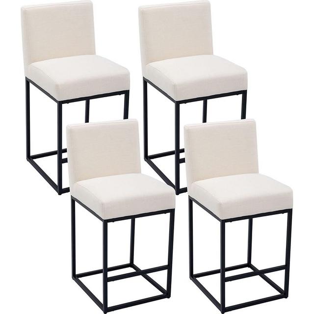 BESTANO 27" Counter Height Bar Stools Set of 4, Linen Upholstered Kitchen Island Stools with Padded Back and Black Metal Frame for Counter Island, Cream