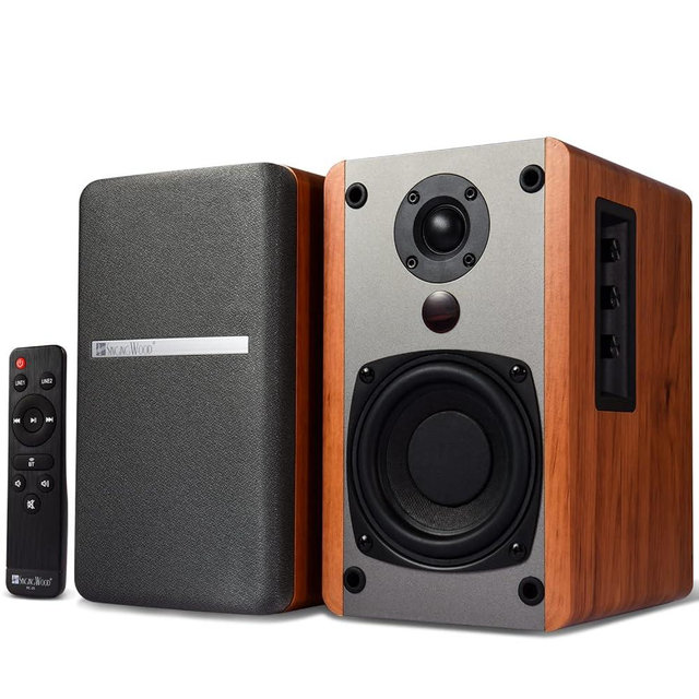 SINGING WOOD BT25 Bluetooth 5.0 Powered Bookshelf Speakers for Record Player with Built-in Amplifier -2 AUX Input -Full Function Remote Control -Wooden Enclosure -30W x 2 RMS (Beech Wood)