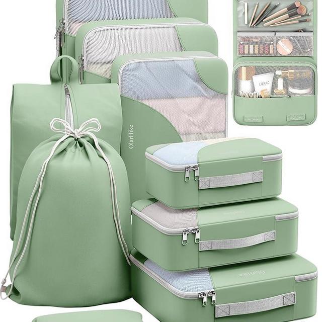 OlarHike Travel Essentials ALL INCLUDED 10 Set Sturdy Packing Cubes for Suitcases, UPGRADED Anti-Tear Stitching, NEW Improved Luggage Packing Organizers for Travel Accessories(Matcha Green)