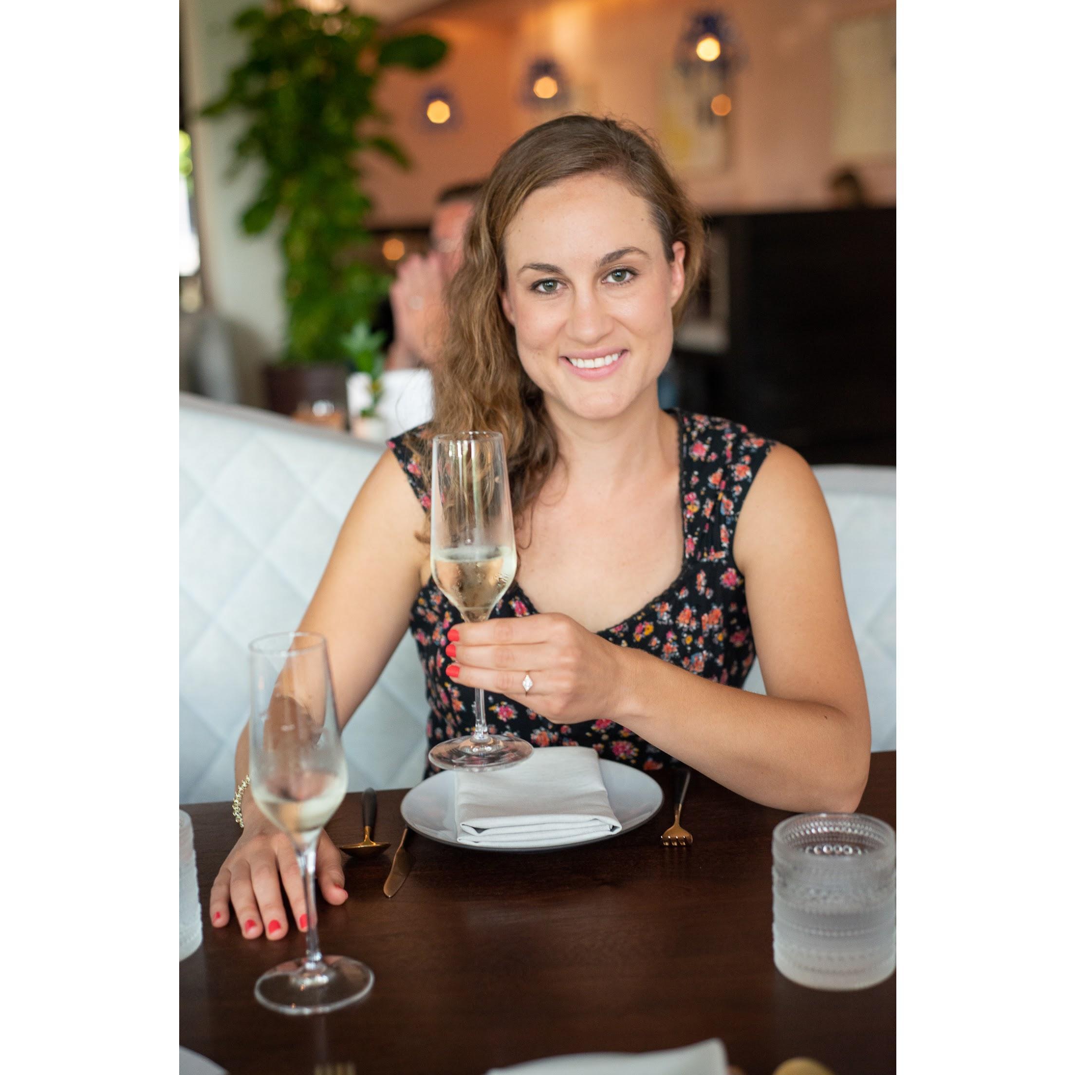 Celebrating our engagement dinner at Arlo Grey after the second proposal on the Congress Bridge downtown Austin.