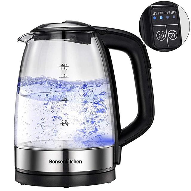 1.7L Glass Electric Hot Water Kettle, 1500W Fast Heating for Tea and Coffee, Bonsenkitchen Portable Water Boiler with Keep Warm Function, Electric Tea Kettles Automatic Shut Off & Boil Dry Protection