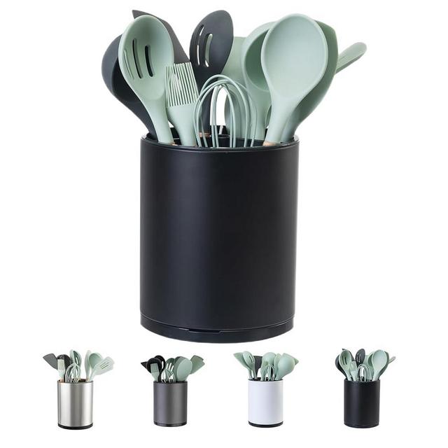 LIBODOUR Kitchen Utensil Holder Extra Large 360° Rotating For Counter Organizer Stainless Steel Storage Cooking Silverware Caddy Flatware 3 Compartment Flatware Spoon Spatula Lazy Susan（Black）