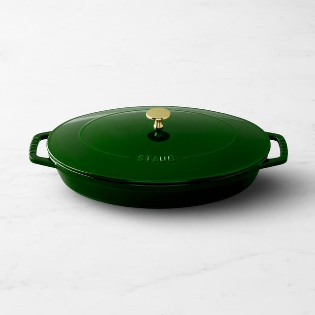 Staub Enameled Cast Iron Oval Gratin with Lid, Basil with Brass Knob