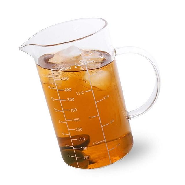 Newness Glass Measuring Cup with Handle, 500 ML (0.5 Liter, 2 Cup) Measuring Cup with Three Scales (OZ, Cup, ML/CC) and V-Shaped Spout, Measuring Beaker for Kitchen or Restaurant, Easy to Read