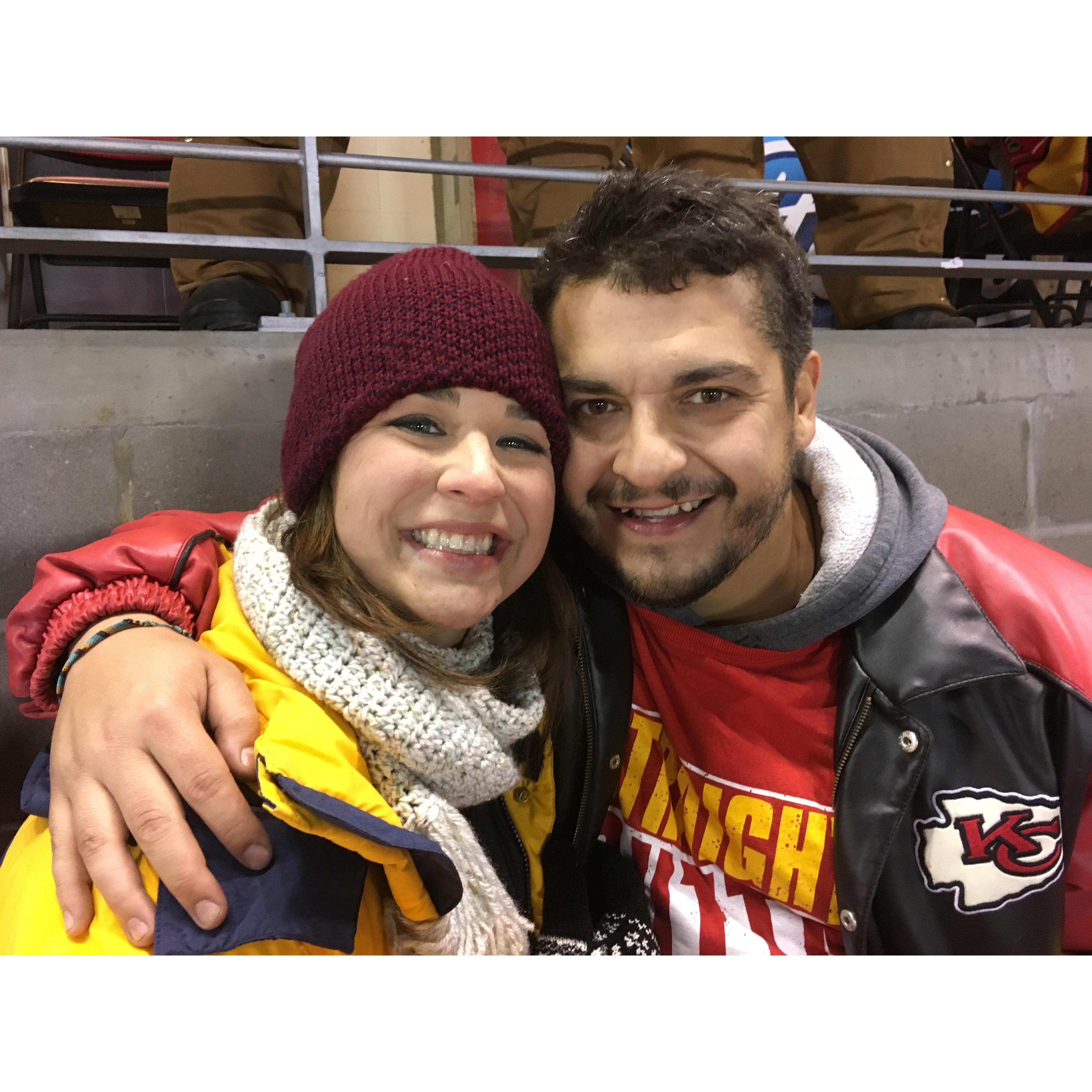 Kansas City Chiefs game. It was so cold our smiles were stuck that way