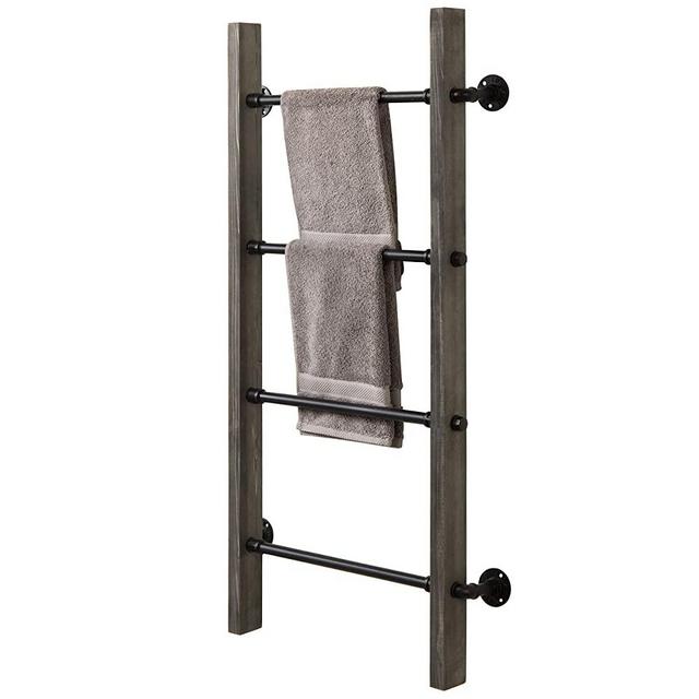 MyGift Vintage Grey Wood & Industrial Metal Pipe Wall Mounted Ladder Rack, 46 Inch Towel Shelve