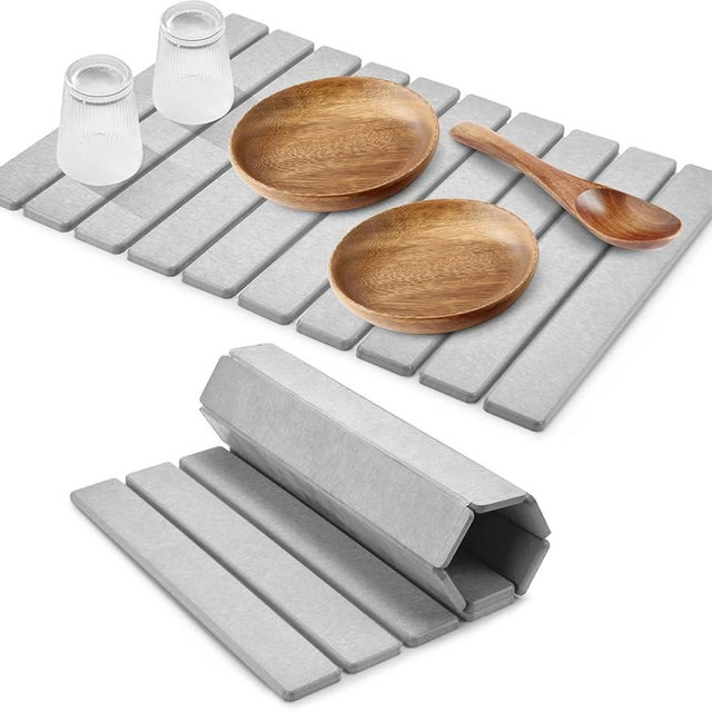 Large Stone Dish Drying Mat for Kitchen Counter – 24"(L)×16 (W) Foldable Absorbent Diatomaceous Earth Dish Drying Mats, Grey Kitchen Counter Mats for Dishes Bottles Cups, Match Any Countertop